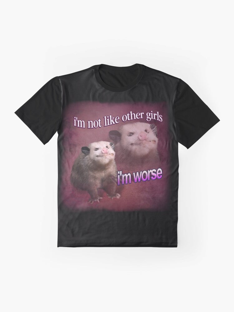 Funny graphic tee featuring a possum with the text "I'm Not Like Other Girls, I'm Worse" in a word art style. - Flat lay