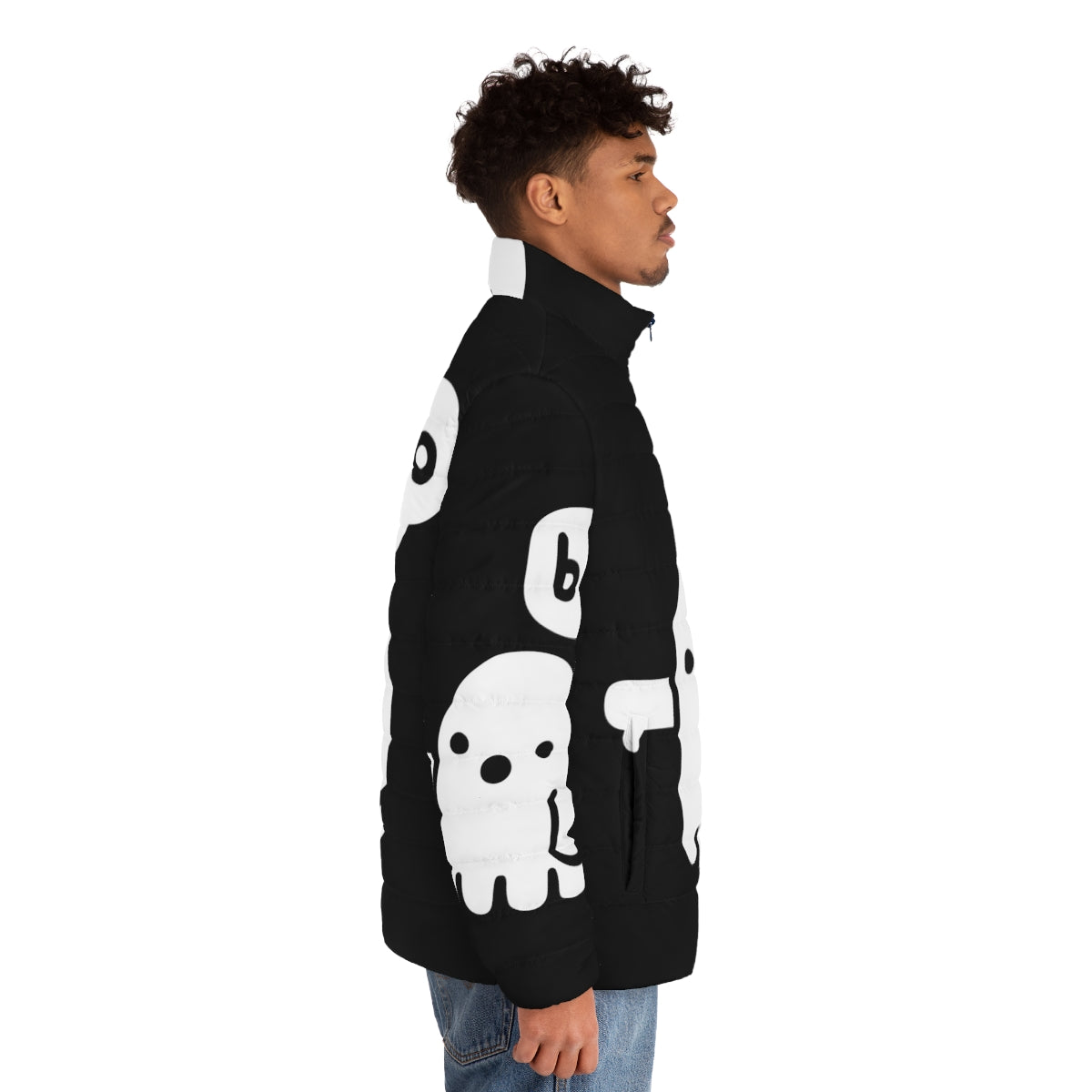 Spooky ghost puffer jacket with a disapproving design - men side right