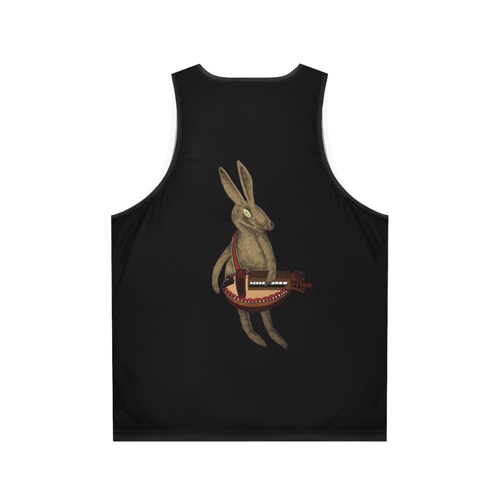 Hare playing hurdy gurdy music instrument on unisex tank top - Back