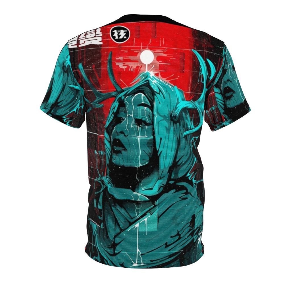 Cyberpunk inspired T-shirt design featuring a futuristic glitch girl in an urban style - Back