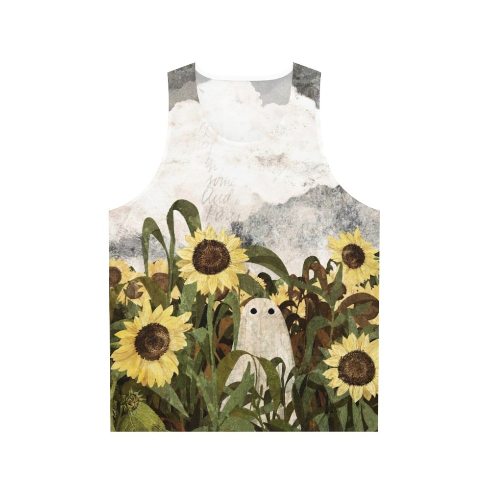 Vintage ghost in a sunflower field unisex tank top