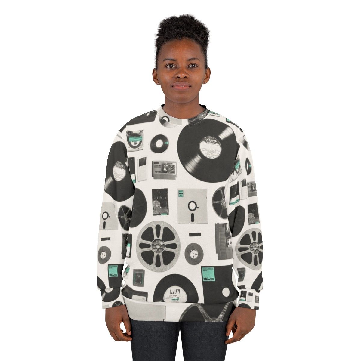 Data Sweatshirt featuring a minimalist design of vintage computer and audio media - women