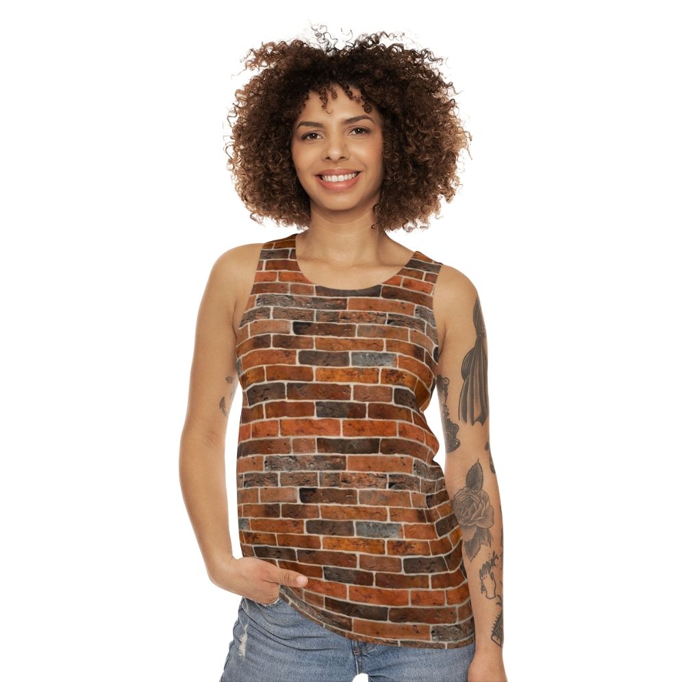 Brick wall unisex tank top with concrete block pattern - women