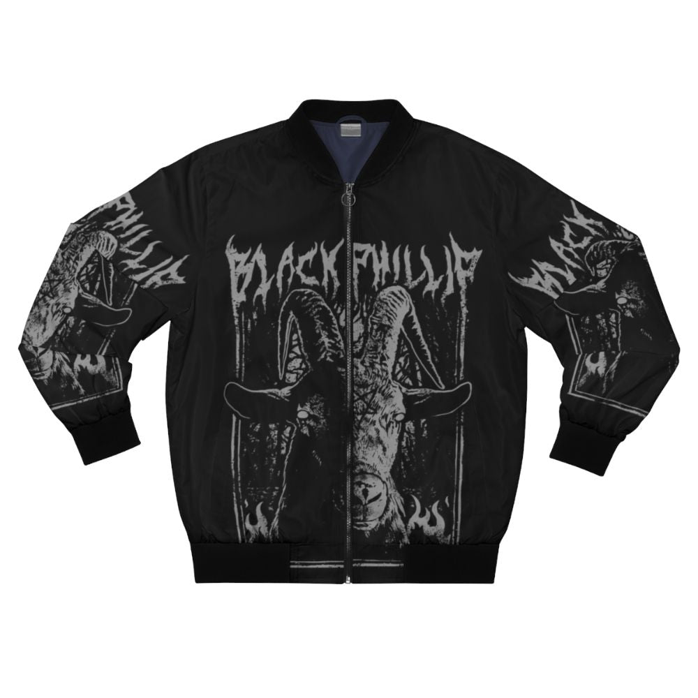 Black metal-inspired bomber jacket featuring 'The Witch' imagery and symbols