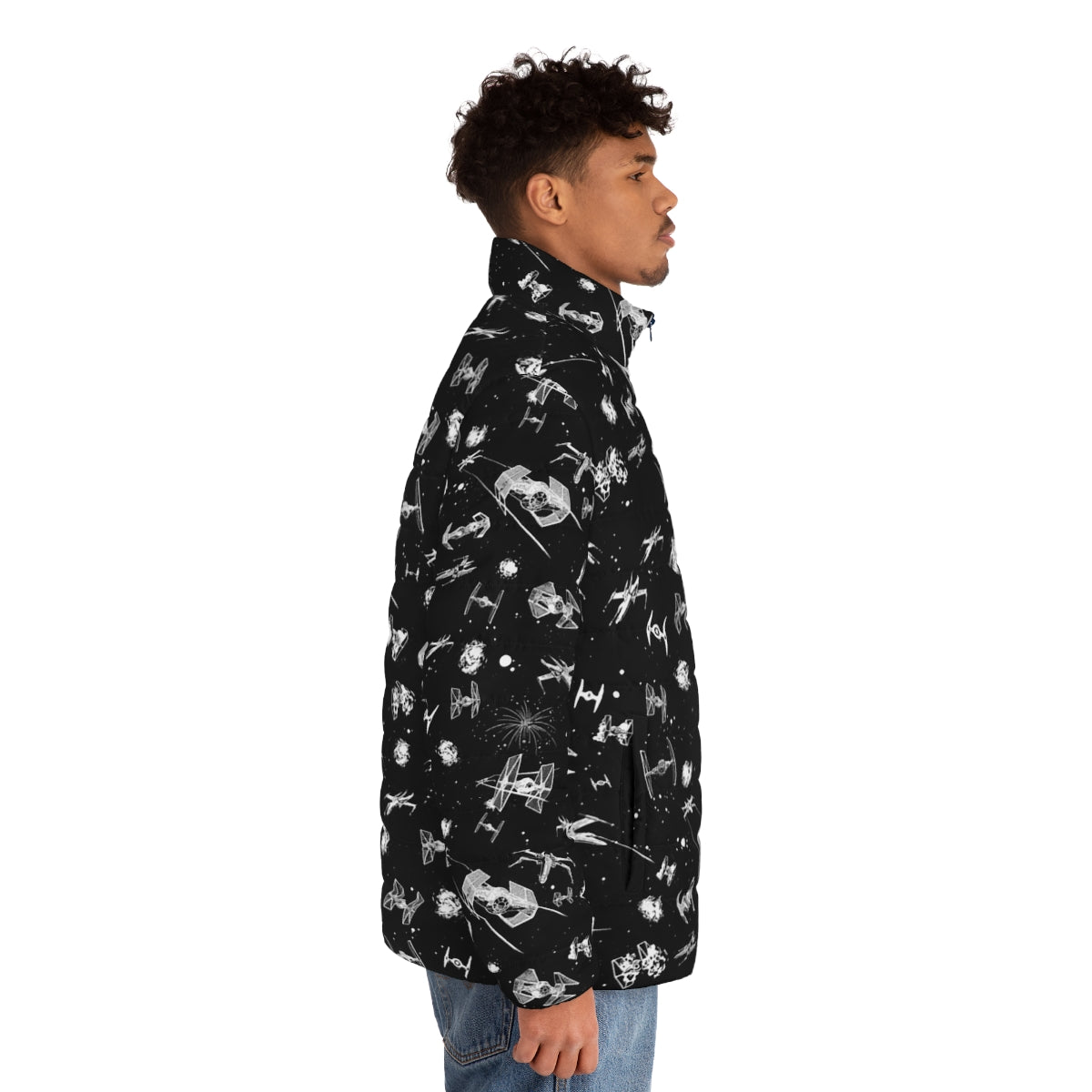 Intergalactic space battle puffer jacket with spaceship and star pattern - men side right