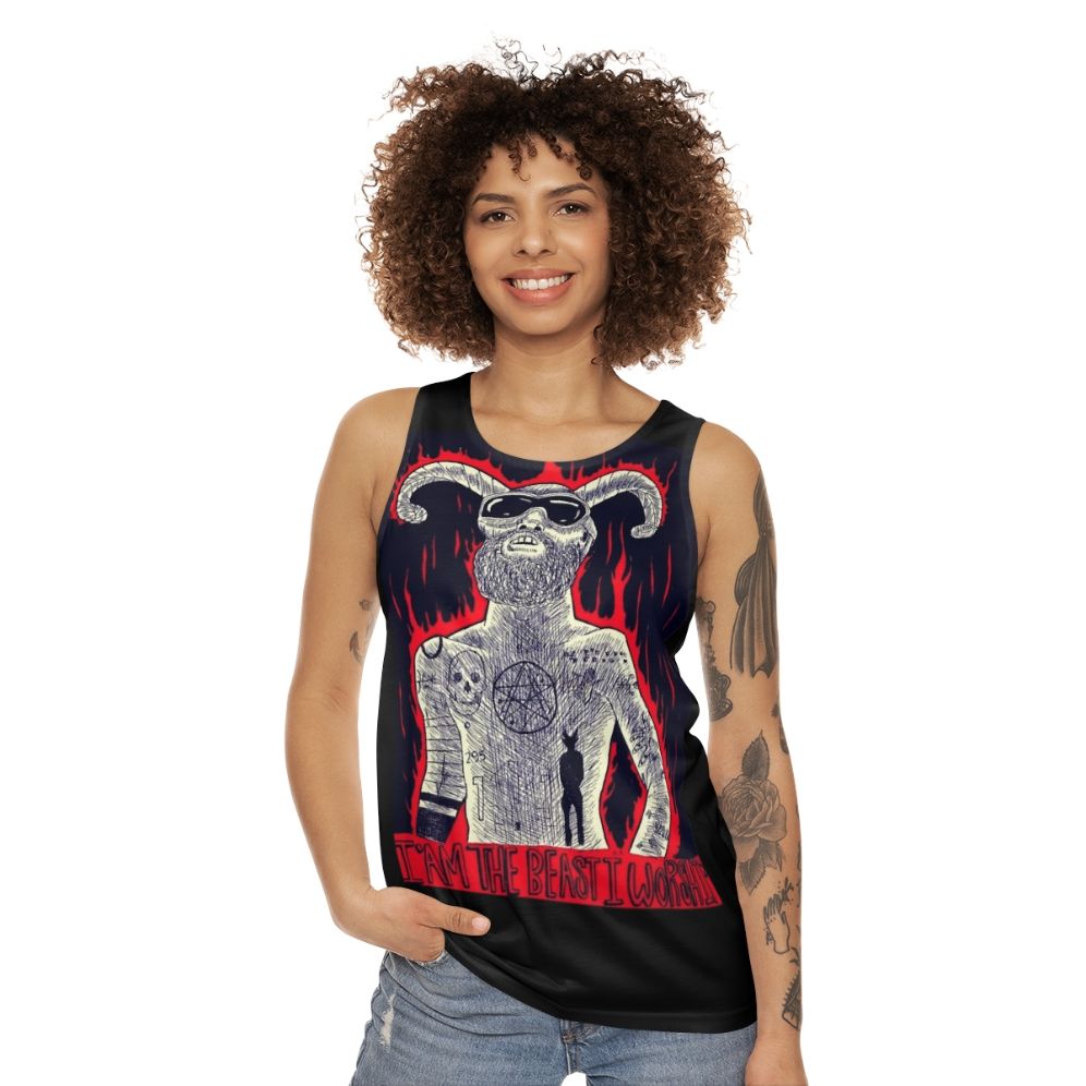 "Unisex tank top with 'I Am The Beast I Worship' design" - women