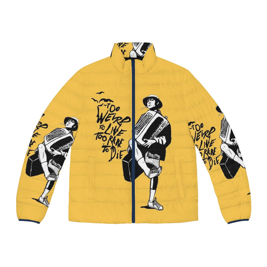 Fear and Loathing in Las Vegas Puffer Jacket featuring iconic characters and surreal desert landscape