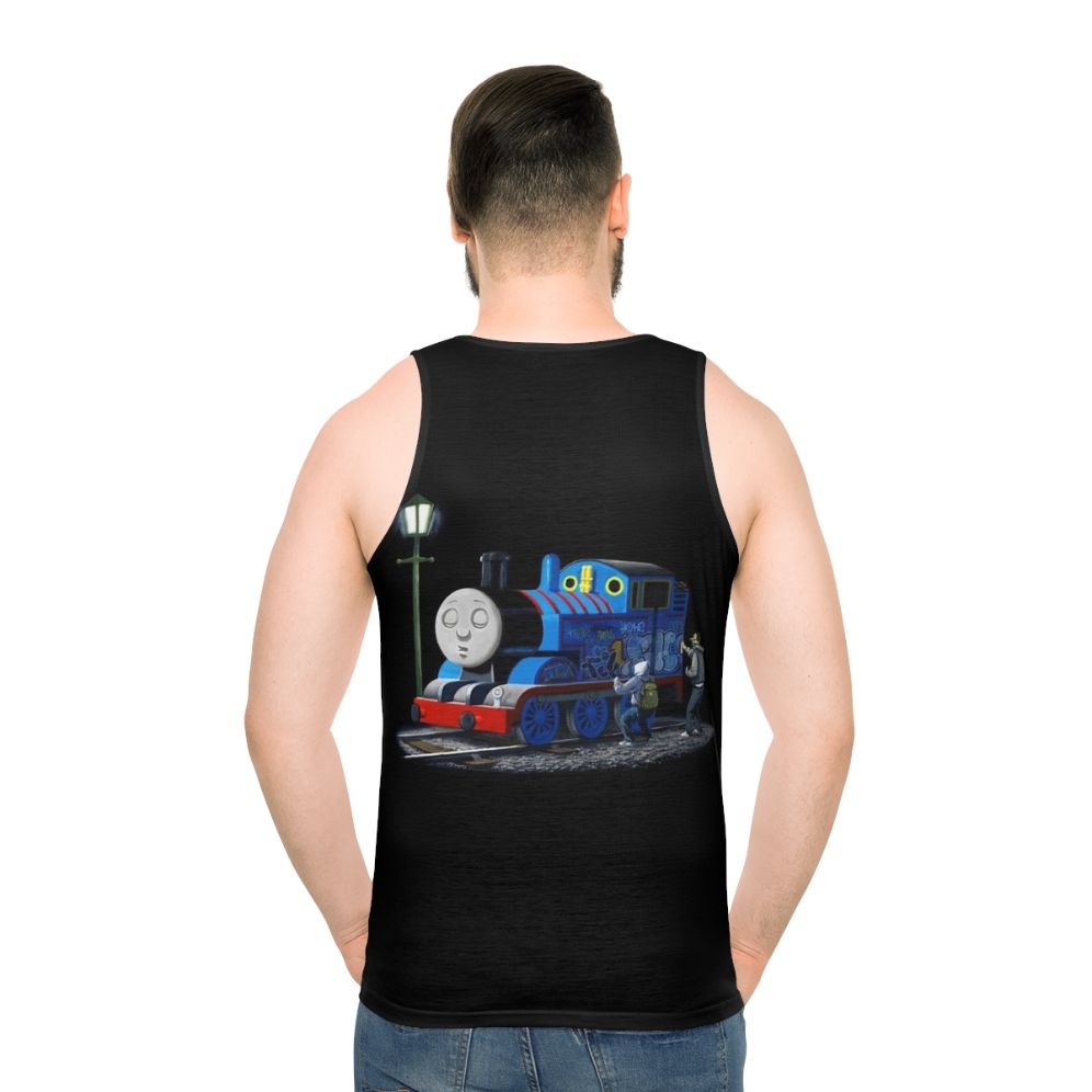 Banksy-inspired Thomas the Tank Engine graffiti unisex tank top - men back