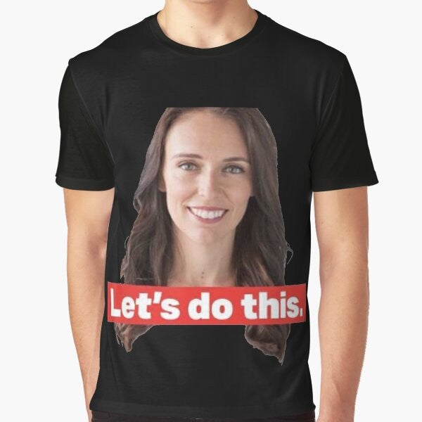 Jacinda Ardern, the Prime Minister of New Zealand, featured on a graphic t-shirt design.