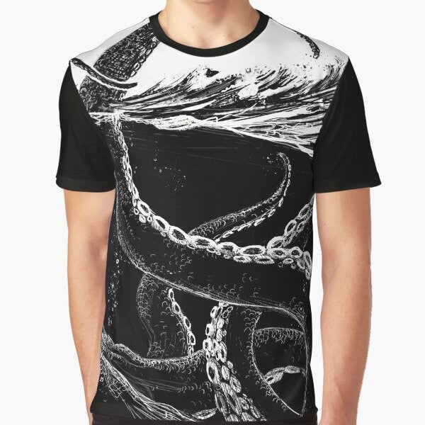 Kraken graphic t-shirt with a black and white illustration of a giant sea monster with tentacles