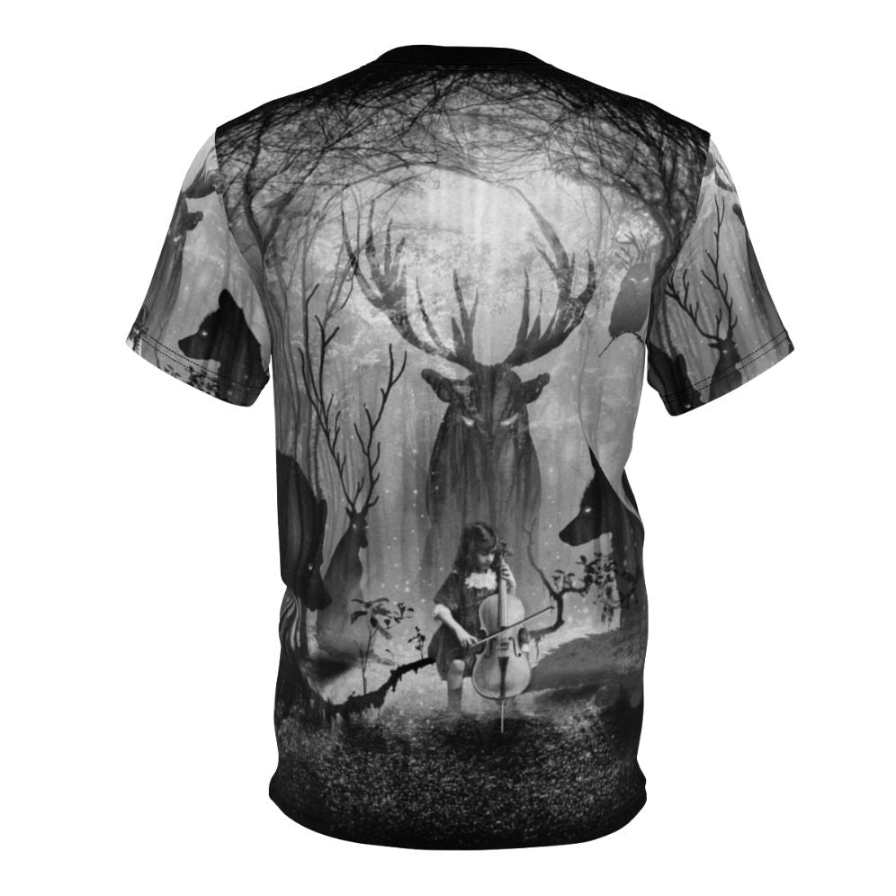 Enchanting forest cello music t-shirt with deer, fox, and wolf in a dreamy, fairytale-like woodland setting - Back