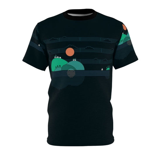 Artistic t-shirt design featuring a scenic island landscape with a guitar, sailboat, and sun