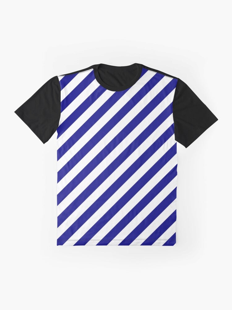 Blue and white diagonal stripes pattern on a graphic t-shirt - Flat lay