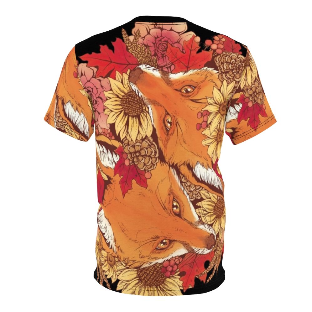 Artwork featuring a red fox surrounded by autumn leaves, sunflowers, and pinecones on a comfortable t-shirt - Back