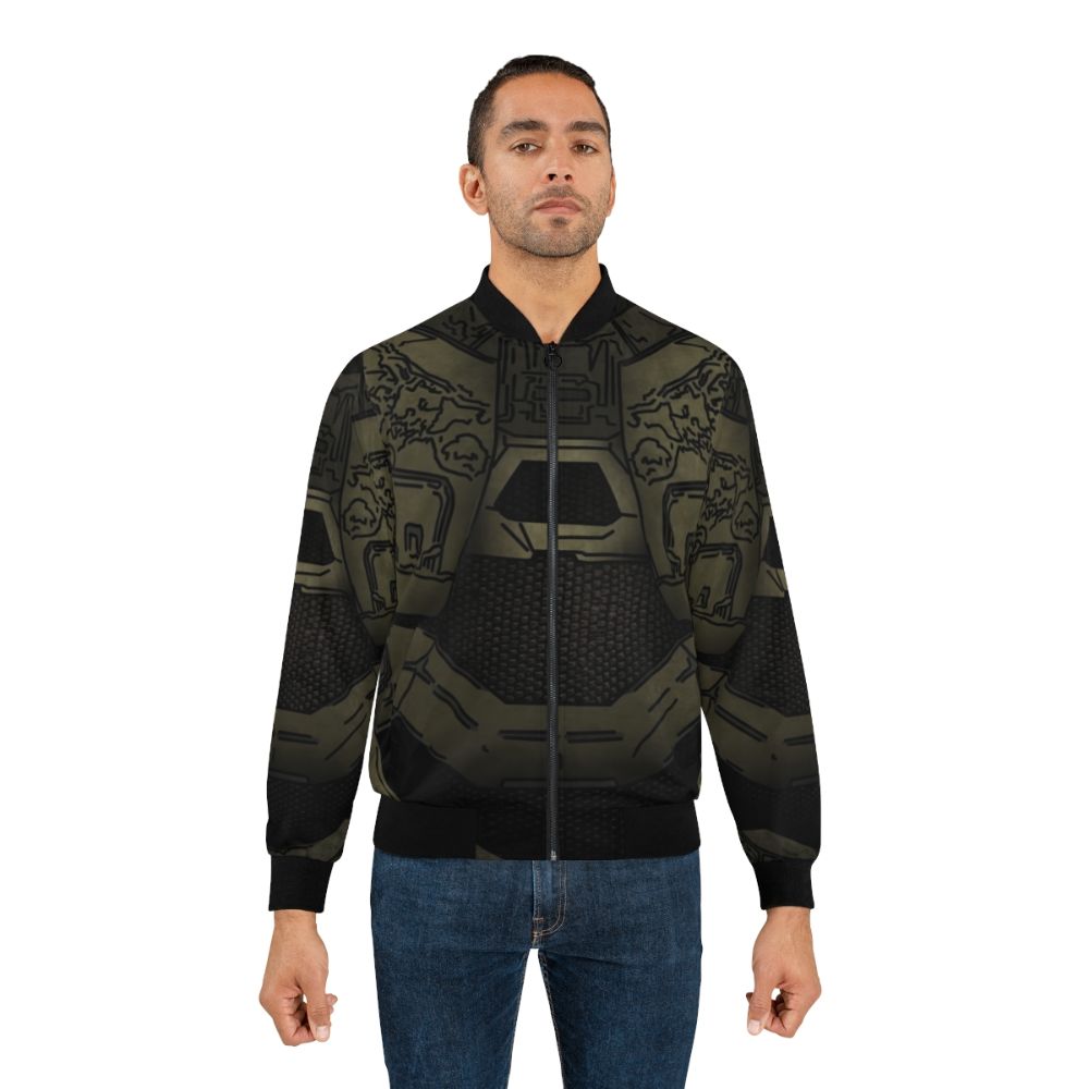 Master Chief Halo Gaming Bomber Jacket featuring the iconic green armor design - Lifestyle