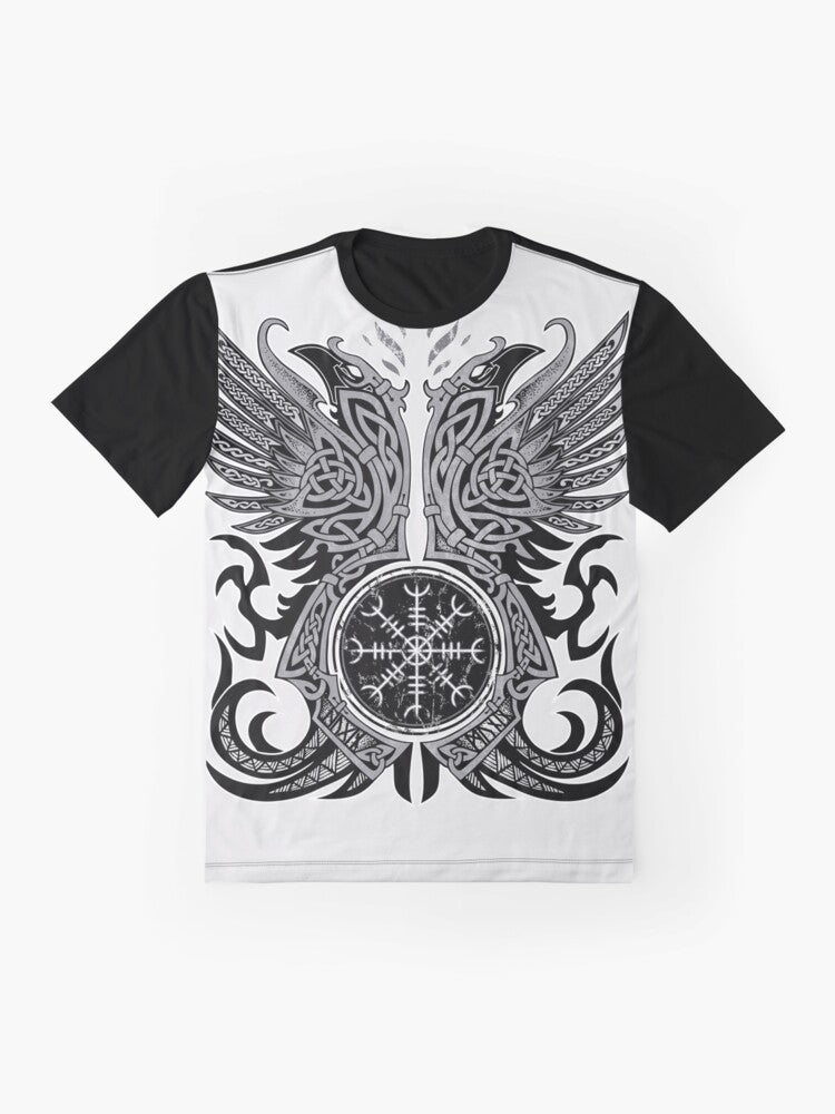 Odin's ravens Huginn and Muninn graphic design on a t-shirt - Flat lay