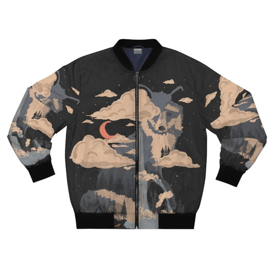 A bomber jacket featuring a nature-inspired design with mountains, wildlife, and a waterfall.