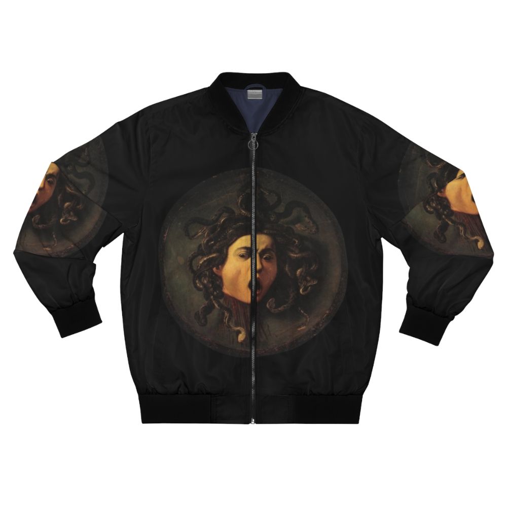 A bomber jacket featuring the iconic image of Medusa, the gorgon from Greek mythology, in a Caravaggio-style realist painting.