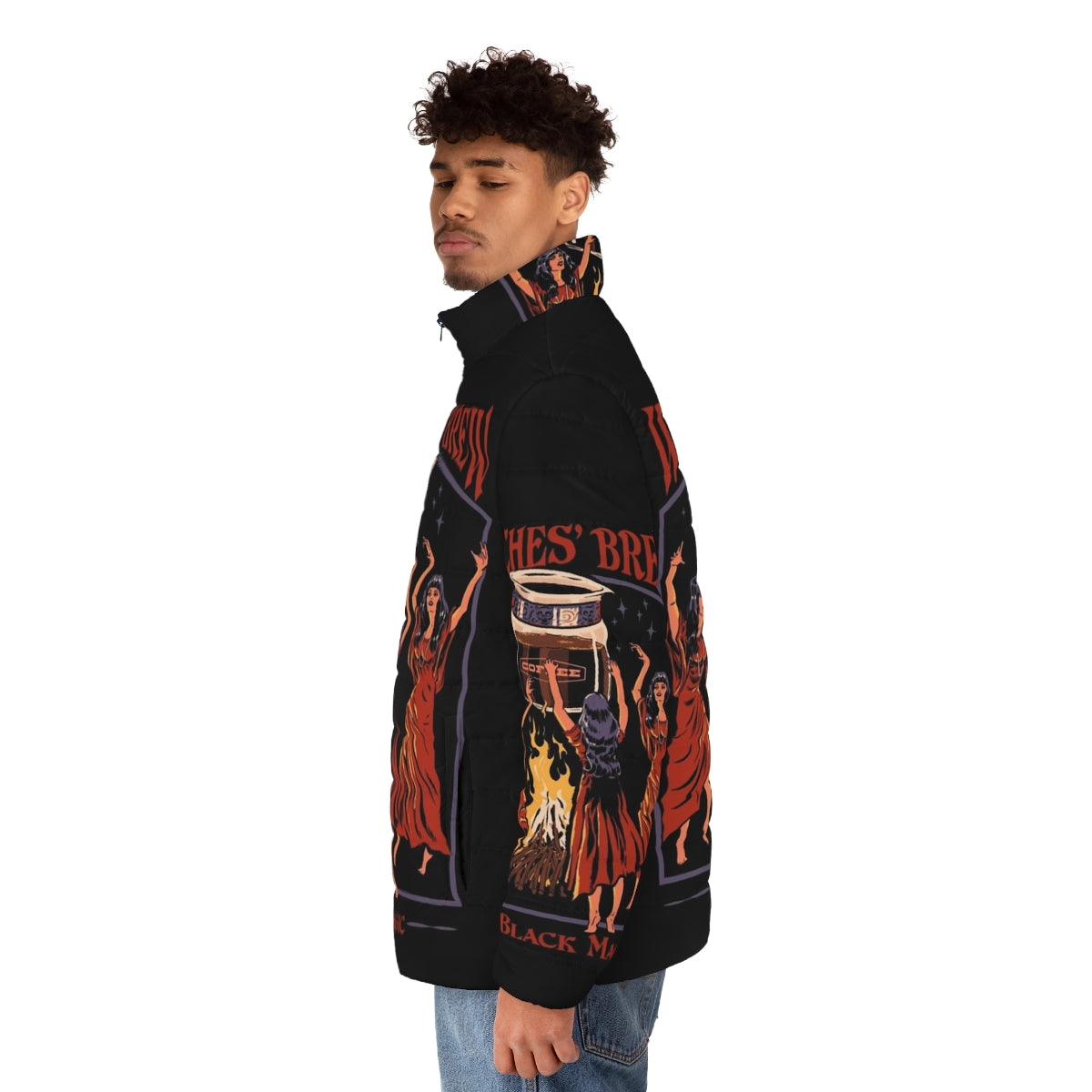 Retro Witches Brew Puffer Jacket featuring a vintage, horror-inspired design with a caffeine-fueled, occult-inspired aesthetic. - men side left