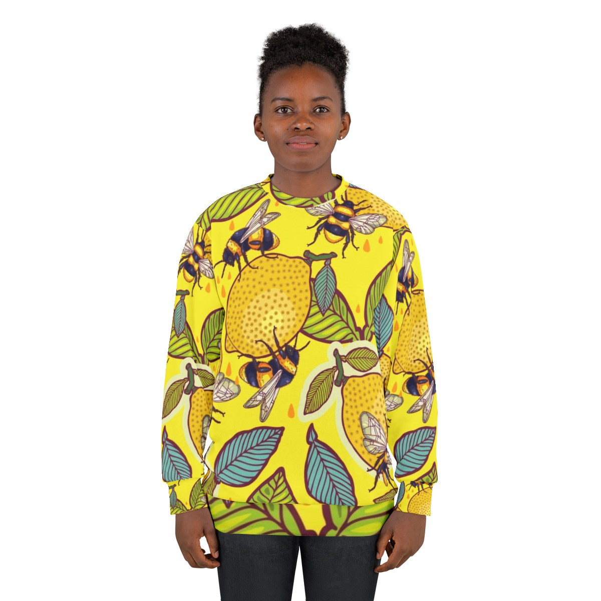 Colorful yellow lemon and bee garden sweatshirt - women