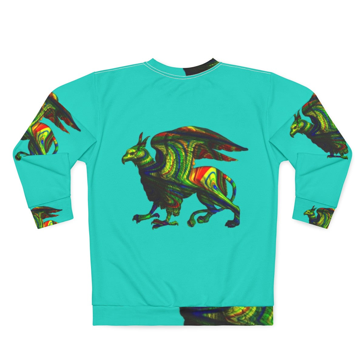 Colorful abstract griffin aqua sweatshirt with mythical creature silhouette art - Back