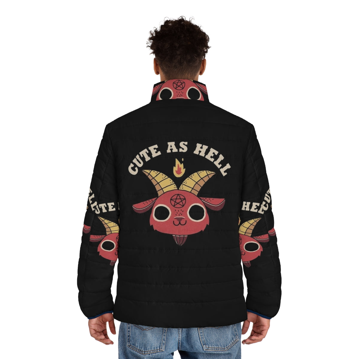 Retro-inspired puffer jacket with a cute devil/demon character design - men back