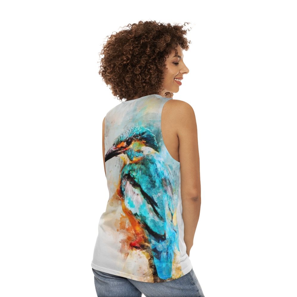 Unisex tank top with vibrant watercolor kingfisher design - women back