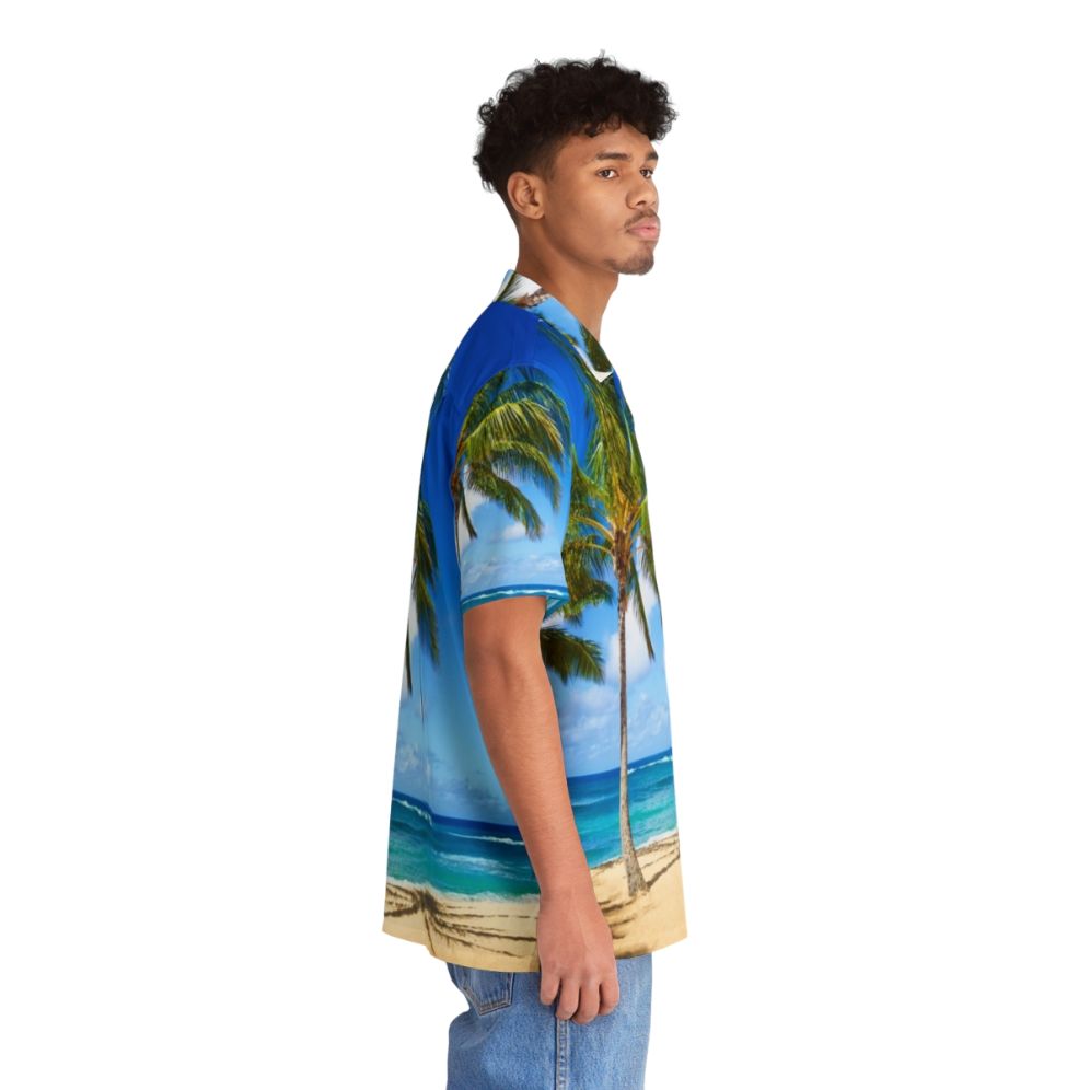 Tropical Hawaiian shirt with palm trees and sandy beach scene - People Pight