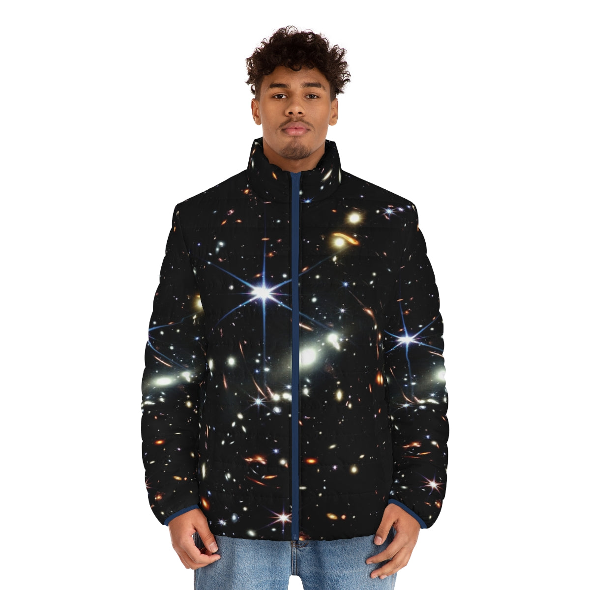 James Webb Telescope Deep Field Space Puffer Jacket featuring NASA technology and astrophysics discoveries - men front