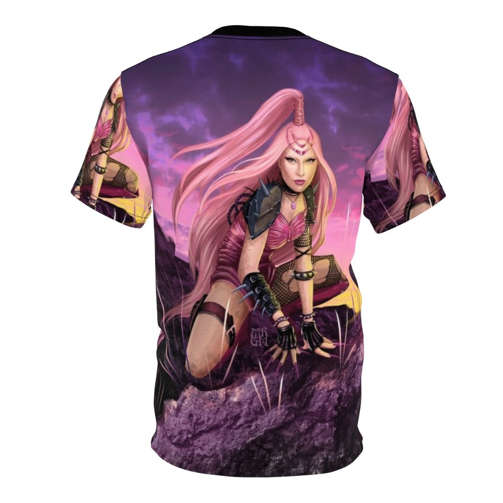 Unisex t-shirt with a vibrant pink warrior design, inspired by fantasy art and pop music - Back