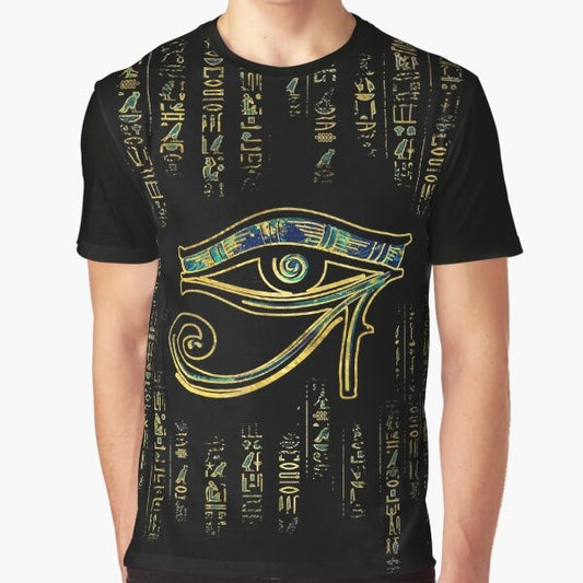 Egyptian Eye of Horus symbol on a gold and marble graphic t-shirt with hieroglyphics