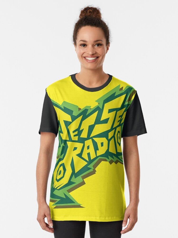 Retro Jet Set Radio logo graphic t-shirt design featuring graffiti-style artwork and vibrant colors - Women