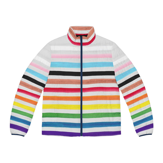 Progress pride stripes puffer jacket with gay, transgender, and Philadelphia pride flags