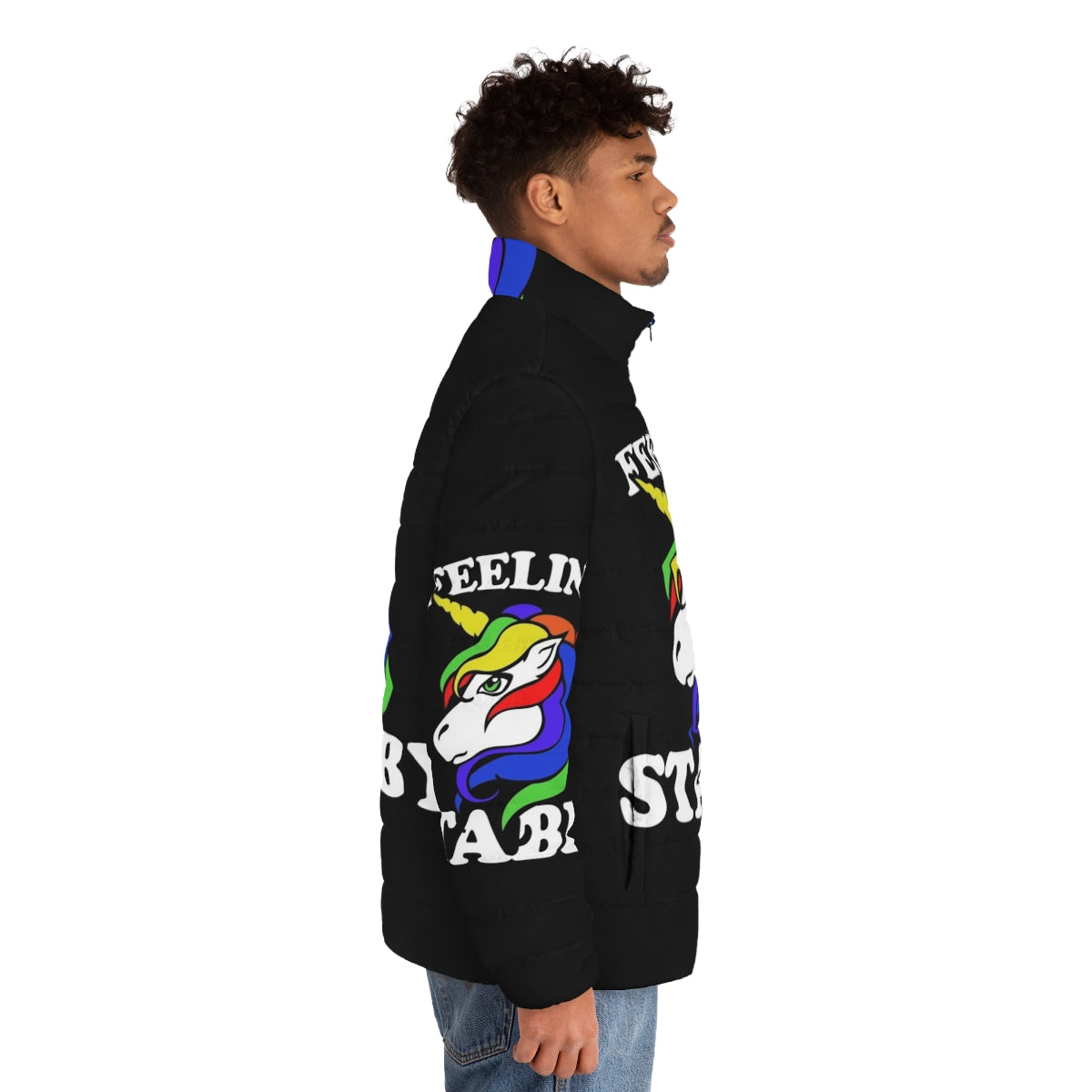 Feeling Stabby Unicorn Puffer Jacket featuring a vibrant rainbow design and legendary animal graphics - men side right