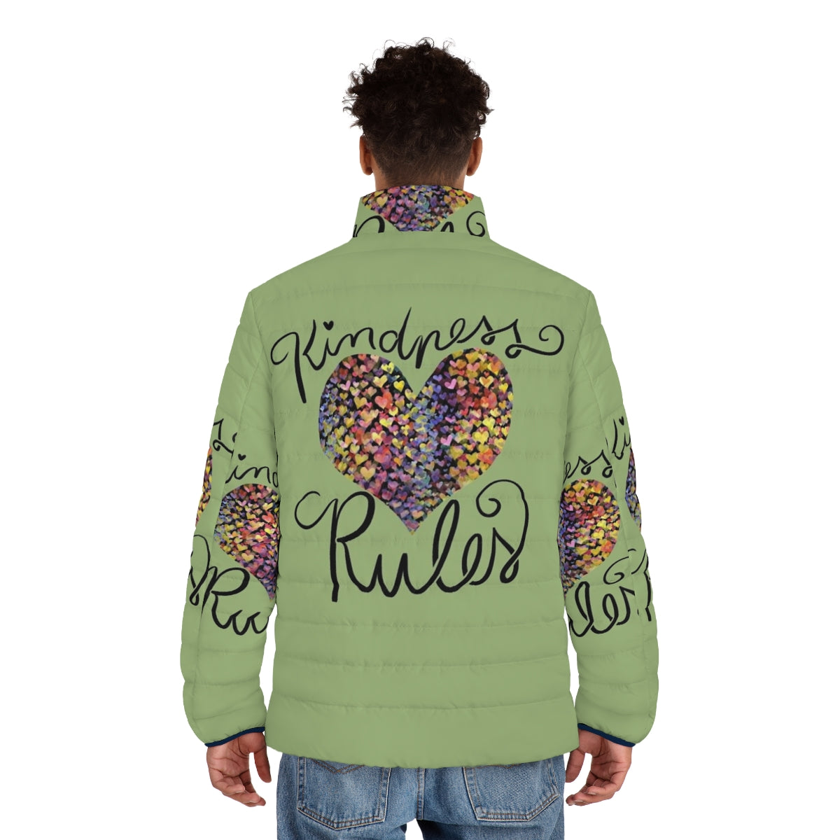 Kindness Rules Puffer Jacket with a Colorful Rainbow Heart Design - men back