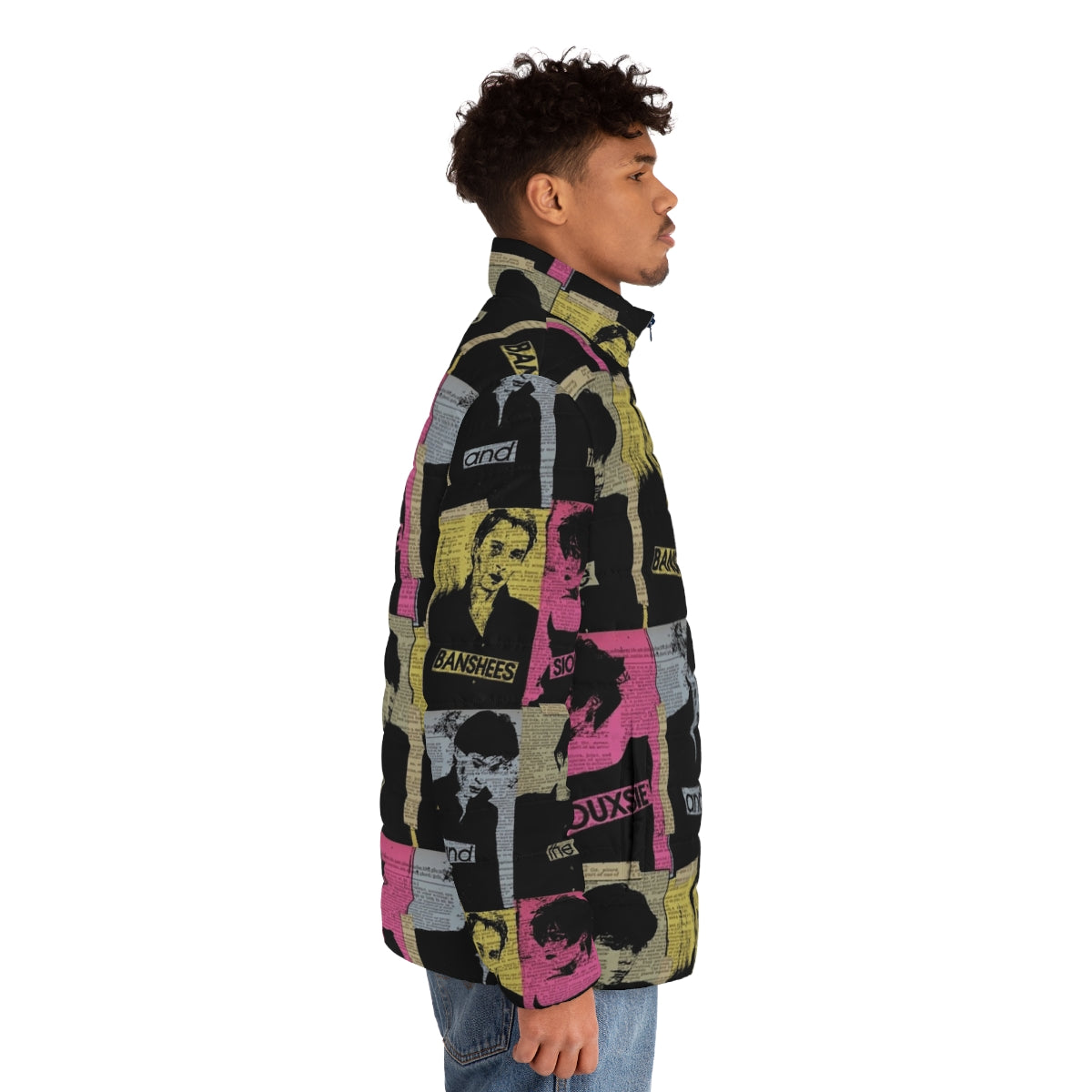 80s music puffer jacket featuring retro and vintage style - men side right