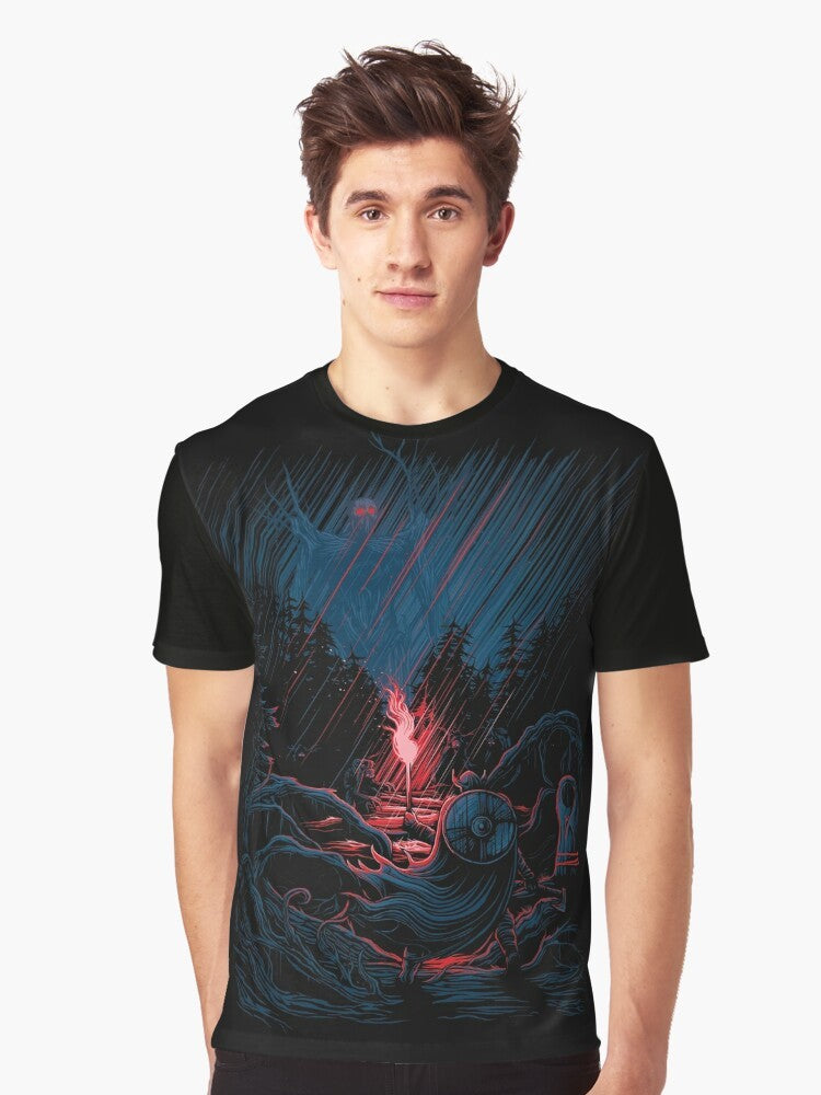 Valheim-inspired fantasy graphic t-shirt featuring a Viking warrior in a forest setting with an axe and shield. - Men