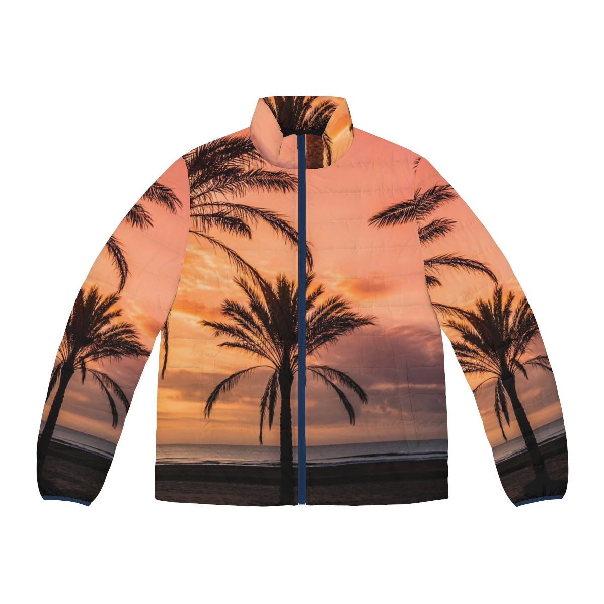 A person wearing a puffer jacket with a scenic view of the sun rising among palm trees on a beach