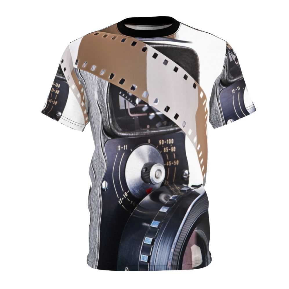 Vintage retro mechanical movie camera and film reel graphic on a t-shirt