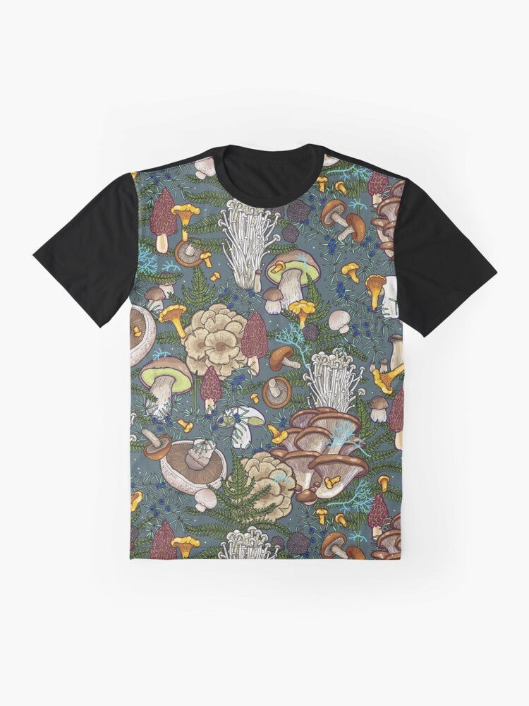 Graphic t-shirt featuring a pattern of various mushrooms in a forest setting, including chanterelle, portobello, bolete, oyster, truffle, and more. - Flat lay