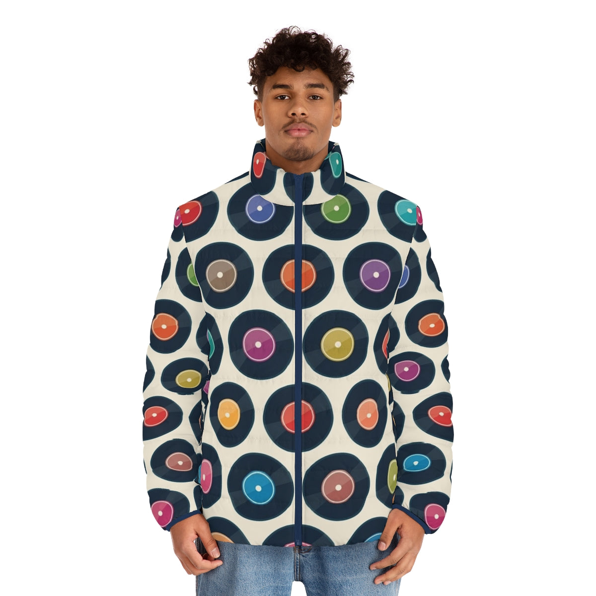 Retro vinyl record puffer jacket with a minimalist modernist pattern - men front