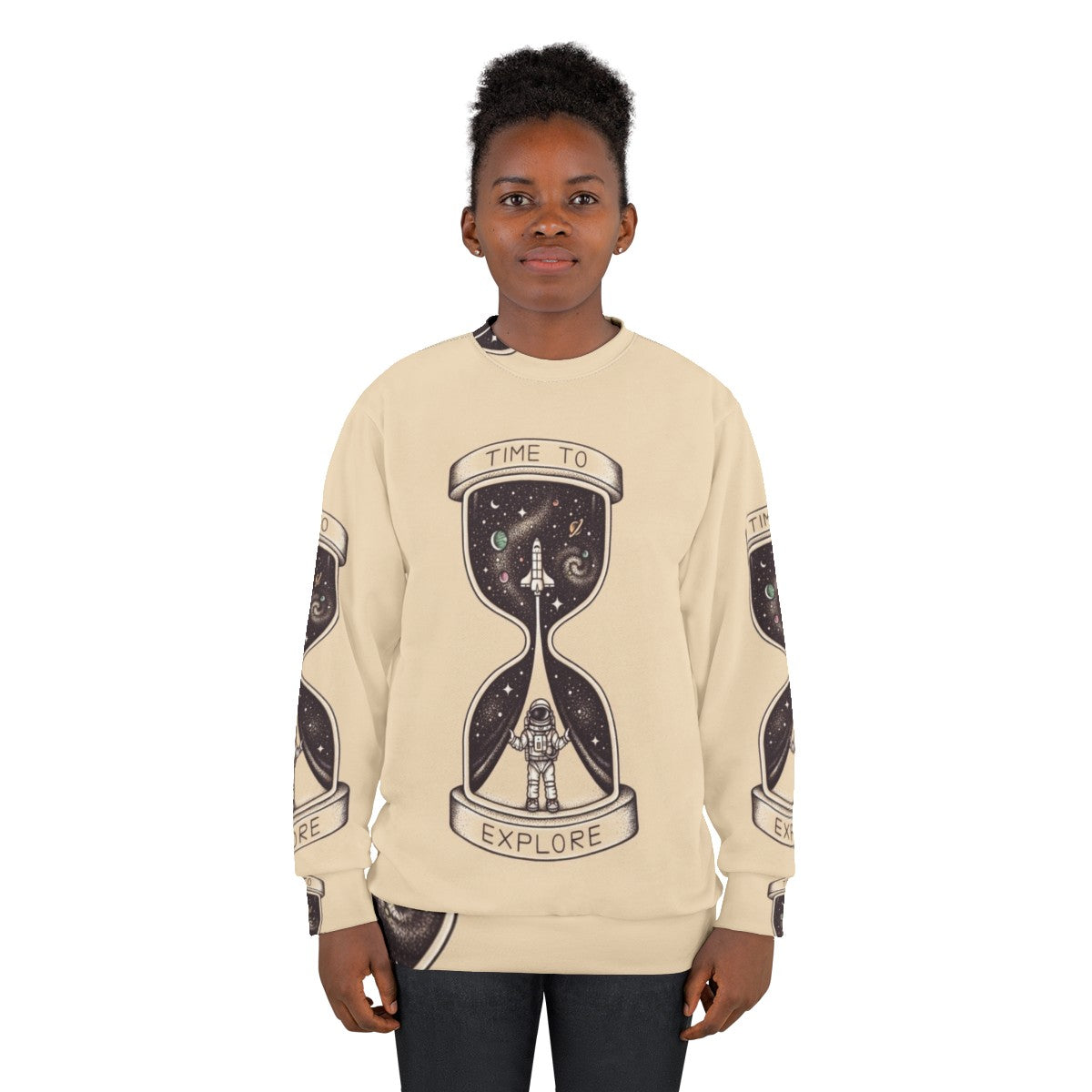 Time To Explore Sweatshirt with astronaut, galaxy, and rocket launch design - women