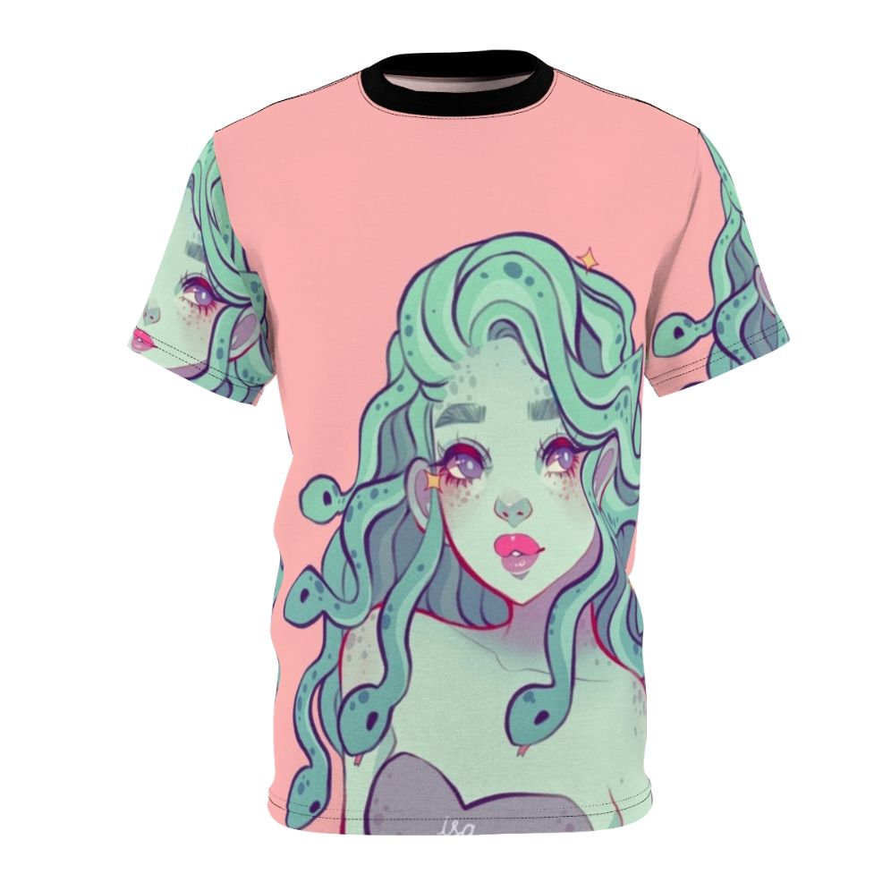 Captivating Medusa-themed graphic t-shirt with a pink, sweet, and indie vibe