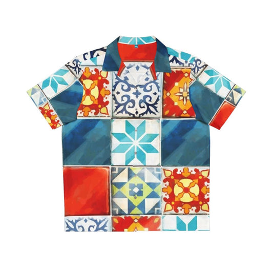 Colorful Hawaiian shirt with mosaic-style azulejos tiles from the Azul board game