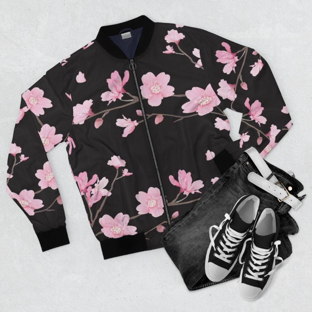 Cherry blossom sakura flower black bomber jacket - Flat lay