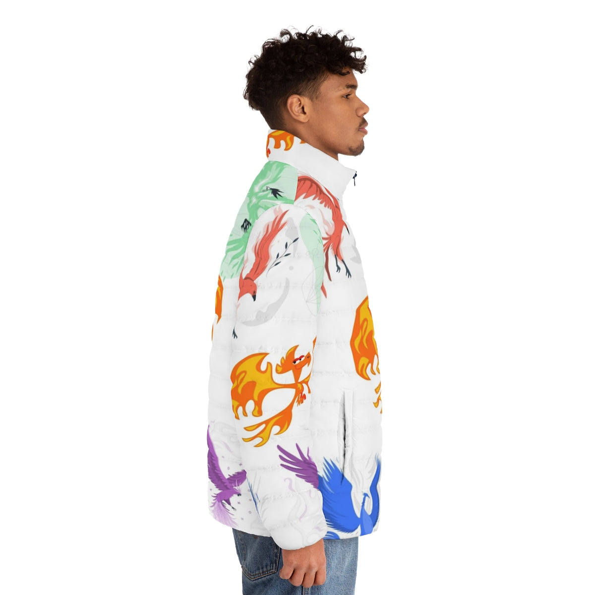 Puffer jacket featuring a majestic phoenix, a legendary mythical creature - men side right