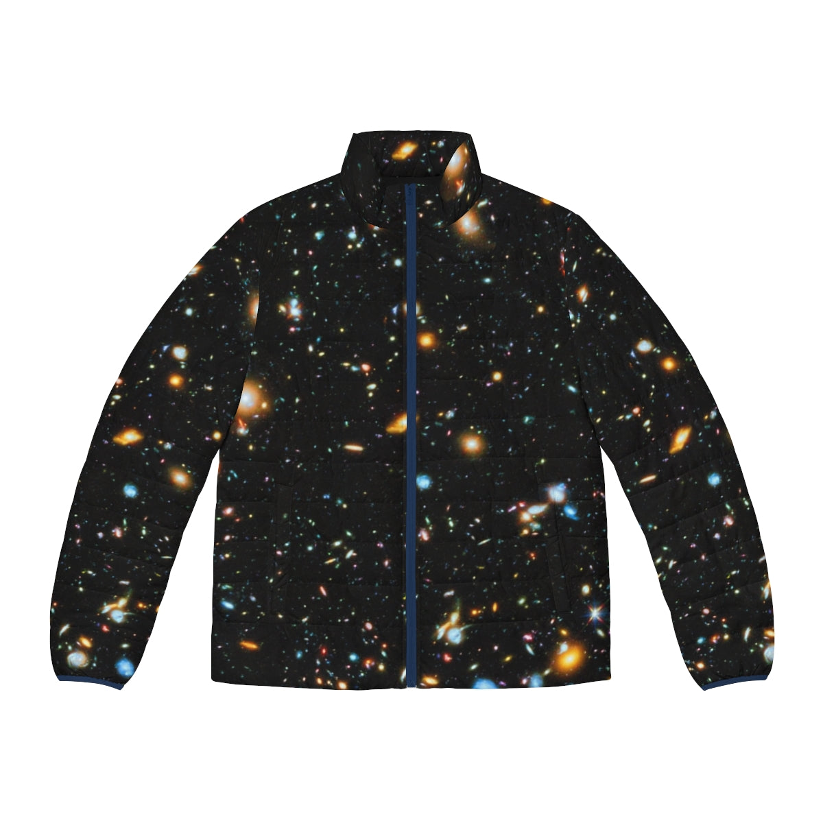 Hubble Extreme Deep Field inspired puffer jacket with star field design