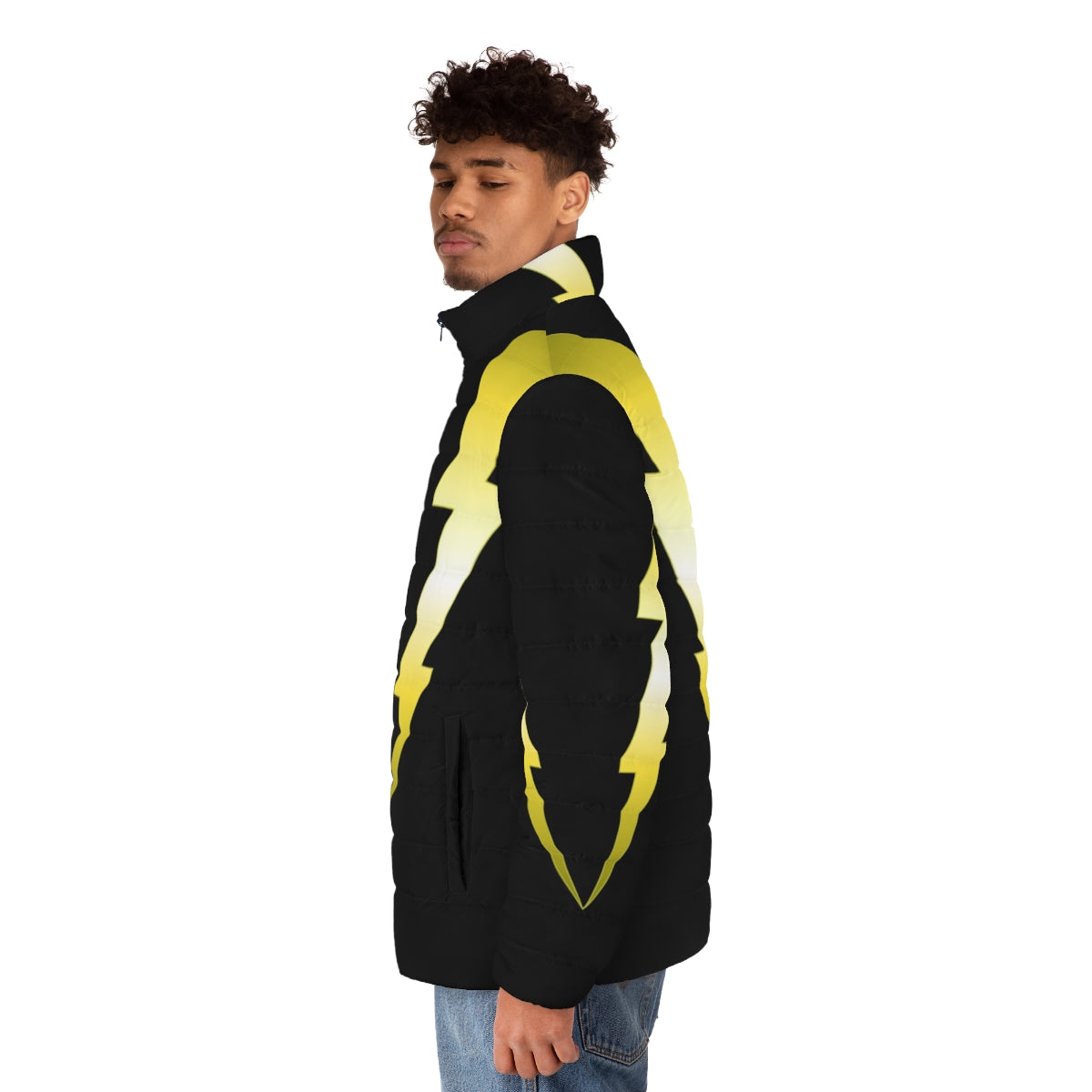 Stylish V Lightning Puffer Jacket with electric and comic book inspired design - men side left