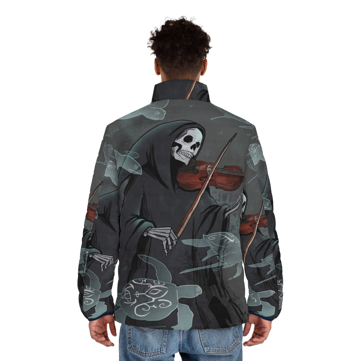 A dark and moody puffer jacket with a symphony and grim reaper design - men back