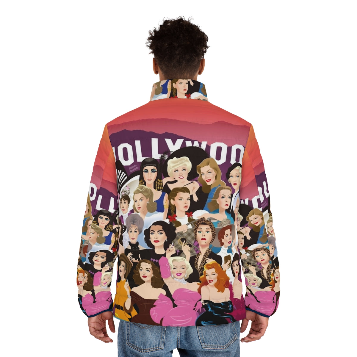 Luxurious puffer jacket with Alejandro Mogollo's Hollywood-inspired art - men back